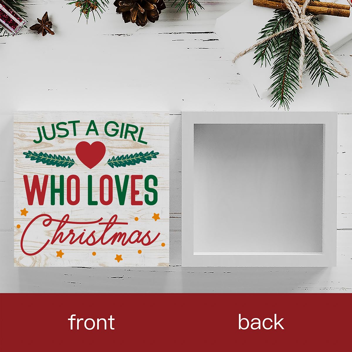 Rustic Just A Girl Who Loves Christmas Tree Wood Box Sign, Farmhouse Christmas Santa Artwork Decor, Wood Square Sign Desk Block Signs Home Shelf Office Decoration 5 x 5 Inches