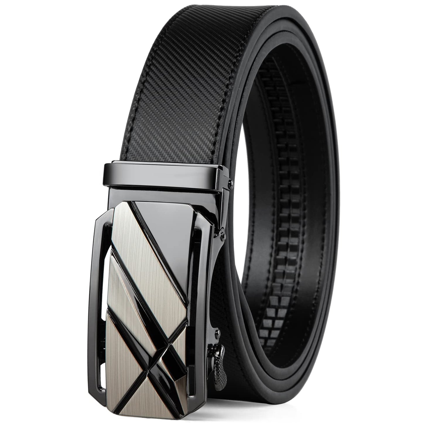 Drowsmen Belt men,leather ratchet Strap 1 3/8" with Comfort Click Sliding Automatic Buckle in gift box, Adjustable belt Trim to Fit (Carbon Fiber M Straps, 32"-38" Waist Adjustable)