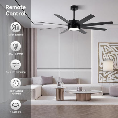Ceiling Fan with Light, 60 inch Modern Ceiling Fan with Remote Control, Reversible DC Motor, Stepless Dimmable, Noiseless for Indoor Use, Black & Brown
