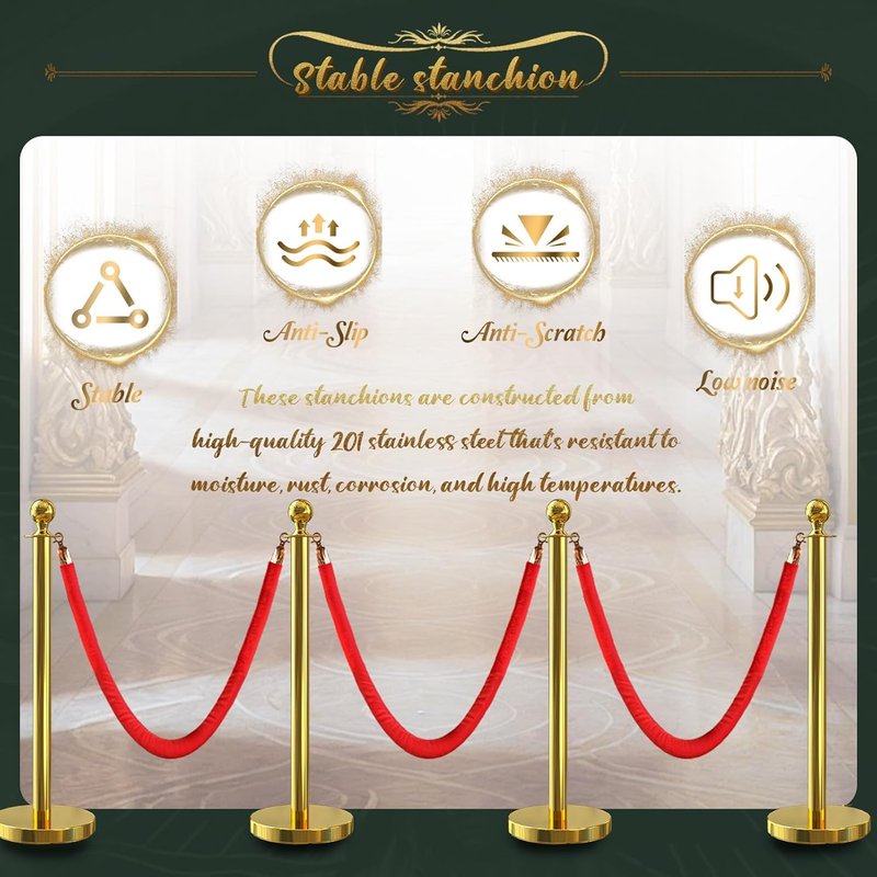 SuiROYI 4 Pcs Gold Stanchions with Velvet Ropes with 3 Pcs 5 Ft Red Velvet Ropes Carpet Ropes Posts Stanchion Set for Crowd Control Barriers for Weddings, Events, Hotels, and Party Decor