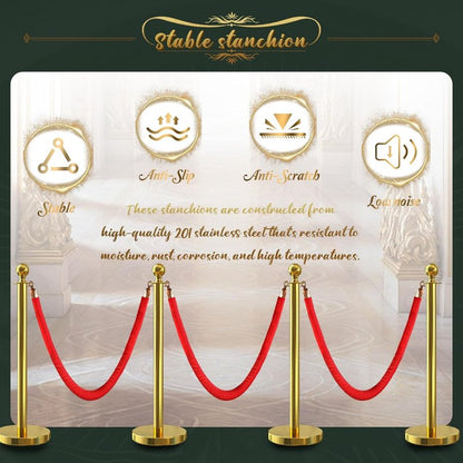 SuiROYI 4 Pcs Gold Stanchions with Velvet Ropes with 3 Pcs 5 Ft Red Velvet Ropes Carpet Ropes Posts Stanchion Set for Crowd Control Barriers for Weddings, Events, Hotels, and Party Decor