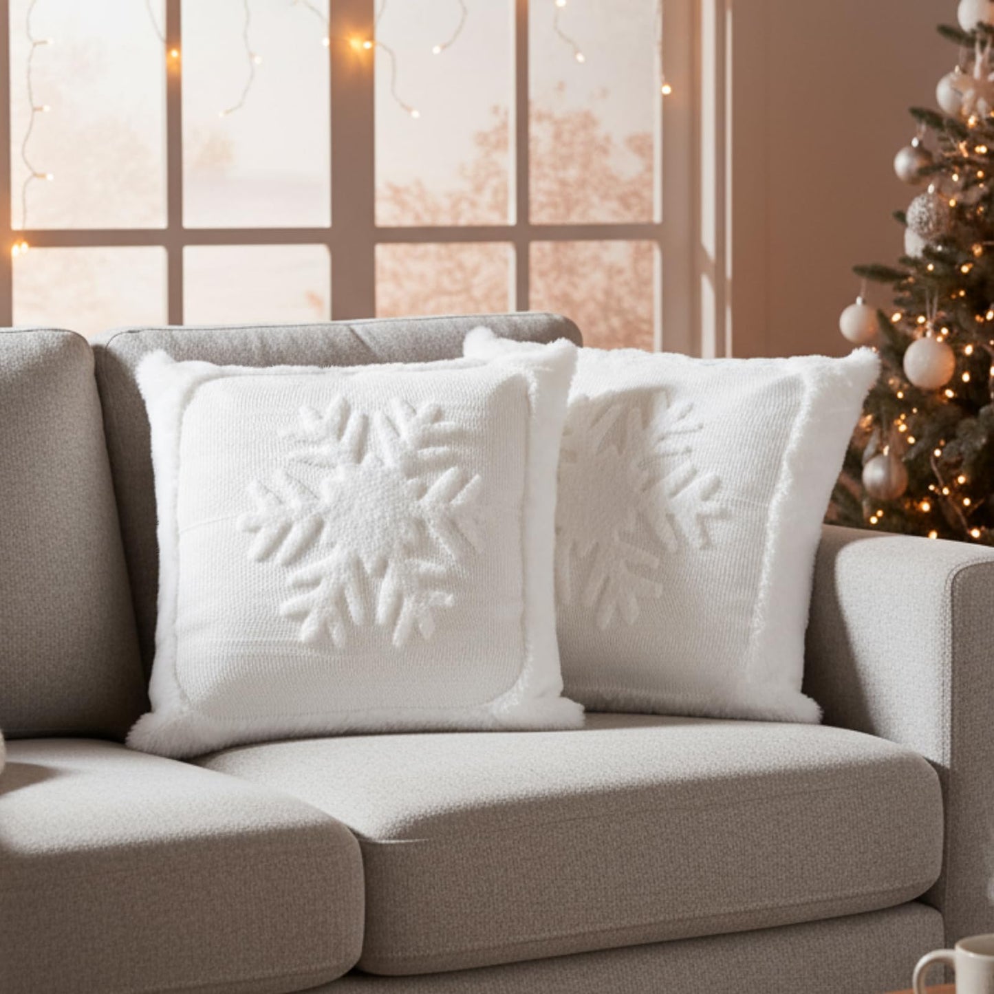 Newwiee Christmas Throw Pillow Covers 18x18 Inch Set of 2 Snowflake Pillow Cases Soft Plush Faux Fur Couch Cushion Case for Chair Sofa Bedroom Living Room Home Decor (White)