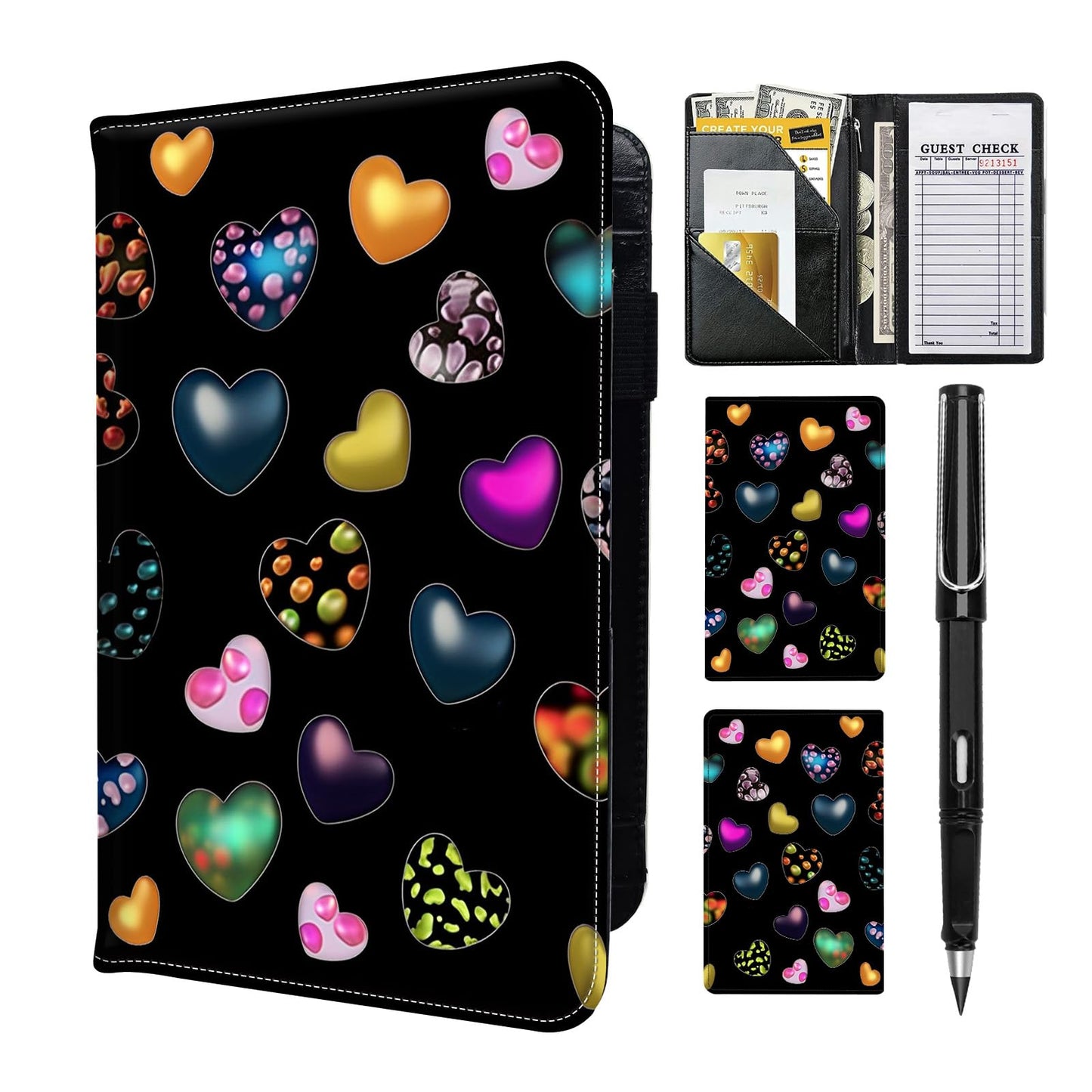 RAUEDWDJS Server Book for Waitress with Everlasting Pencil, Money Pocket Leather Wallet Booklet, Guest Check Receipt Holder Presenters, Waiter Accessories Fit Server Apron-Lovely Little Loves