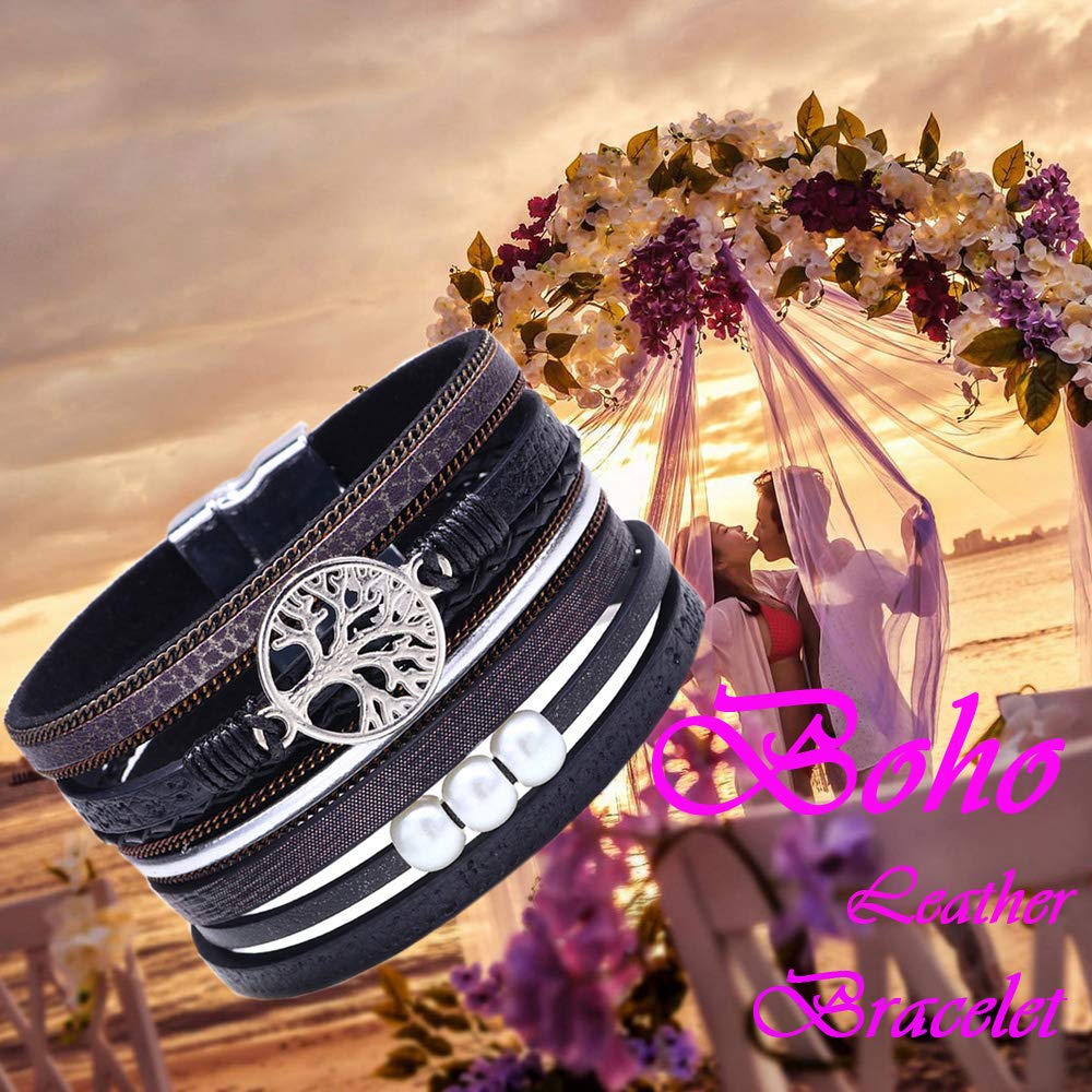 Desimtion Black Wrap Leather Bracelets for Women Boho Layered Stacking Wide Buckle Family Tree of Life Bracelets for Women Mom Teen Girls Grandma
