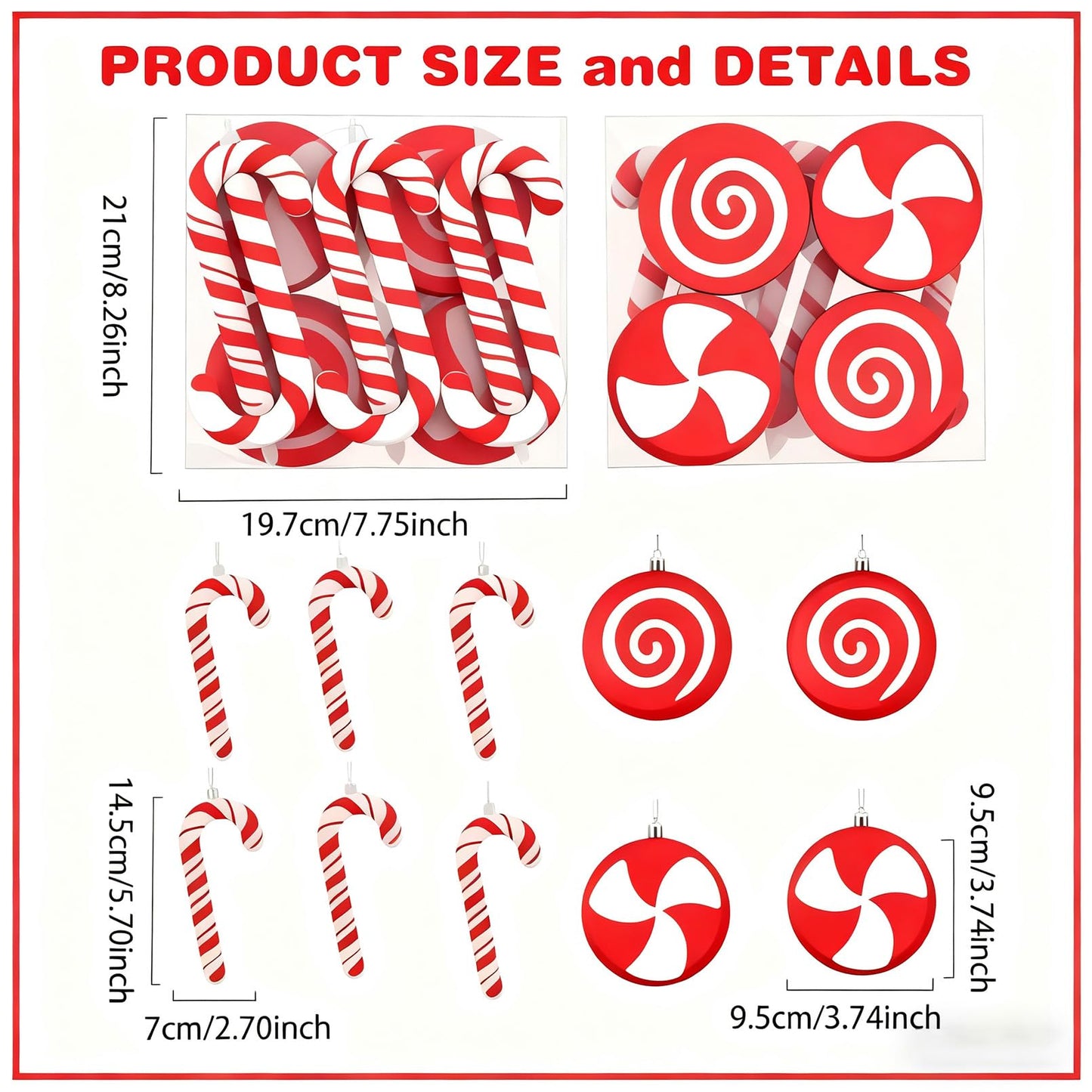 10ct Red and White Christmas Tree Ornaments, Shatterproof Plastic Candy Cane & Lollipop Xmas Decorations for Family, Kids, Candyland Themed Party Supplies