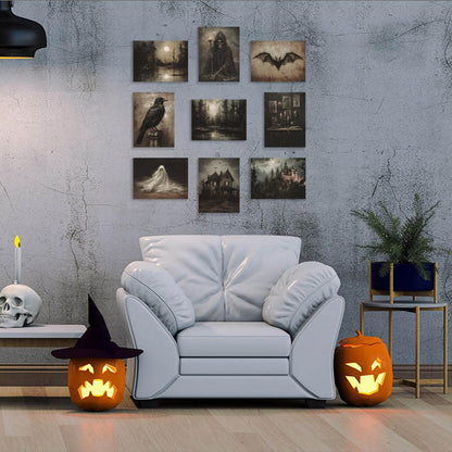 abrtolpffo Halloween Wall Art Halloween prints 9 Pieces 8x10in Dark Academia Wall Decor, Spooky Ghost Witch Raven Bat Haunted House Pictures, Dark and Moody Forest Landscape Art Gothic Decor