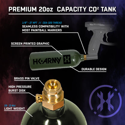 HK Army 20oz Aluminum CO2 Tank - High Pressure Compressed Air System for Paintball & Airsoft Gear - Olive