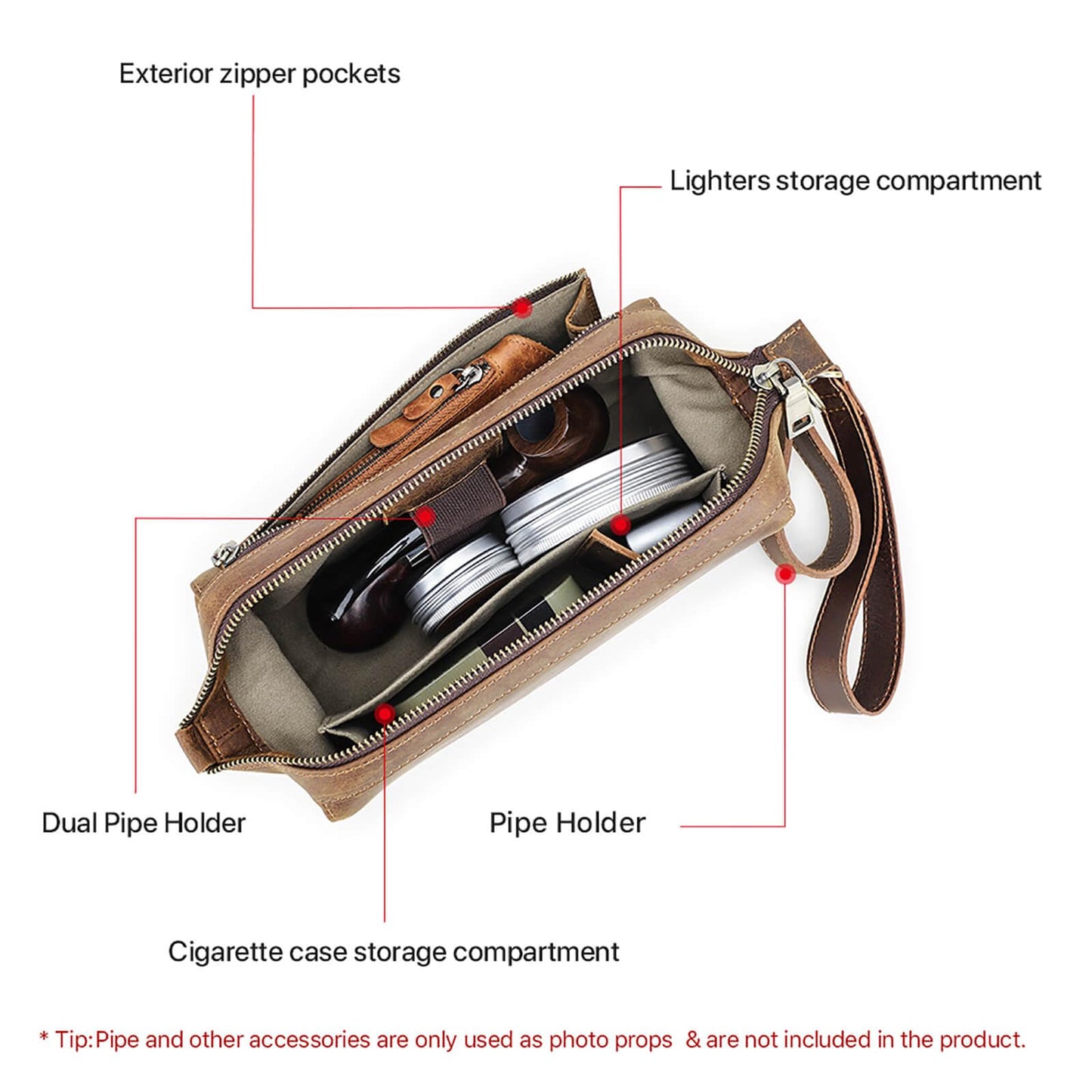 Hiram Handcrafted Travel Pipe Tobacco Pouch Pipe Support Stand Full Grain Leather Smoking Pipe Accessories Organizer for 2 Pipes,Lighters,Cigarette Accessories（only pouch case）