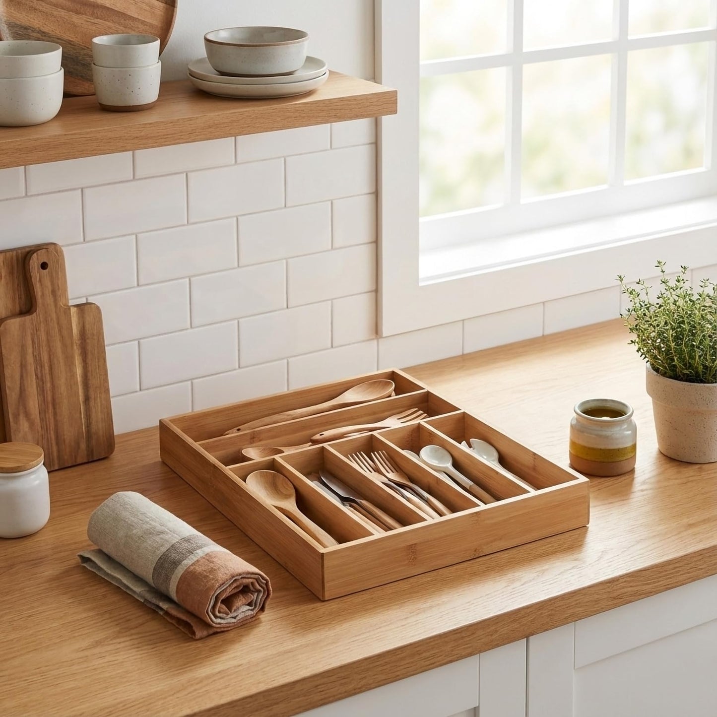 JIMMY LUCKY Wooden Silverware Organizer for Drawer, Bamboo Utensil Drawer Organizers, Kitchen Utensil Organizer Tray with 7 Storage Compartments, Flatware Organizers for Cutlery Flatware