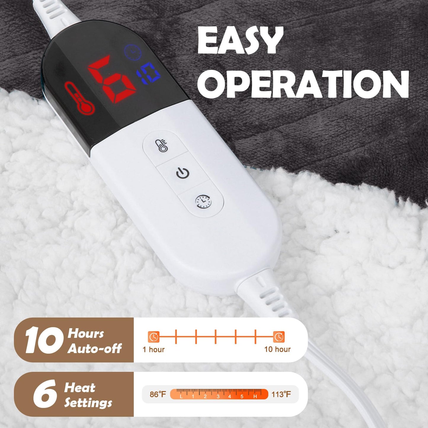 HOW'S MY HOUSE Heated Blanket Throw 50" x 60", Electric Blanket with 12 Time Settings & 6 Heating Levels, Over-Heat Protection, Flannel Sherpa Super Cozy with ETL Certification, Gray