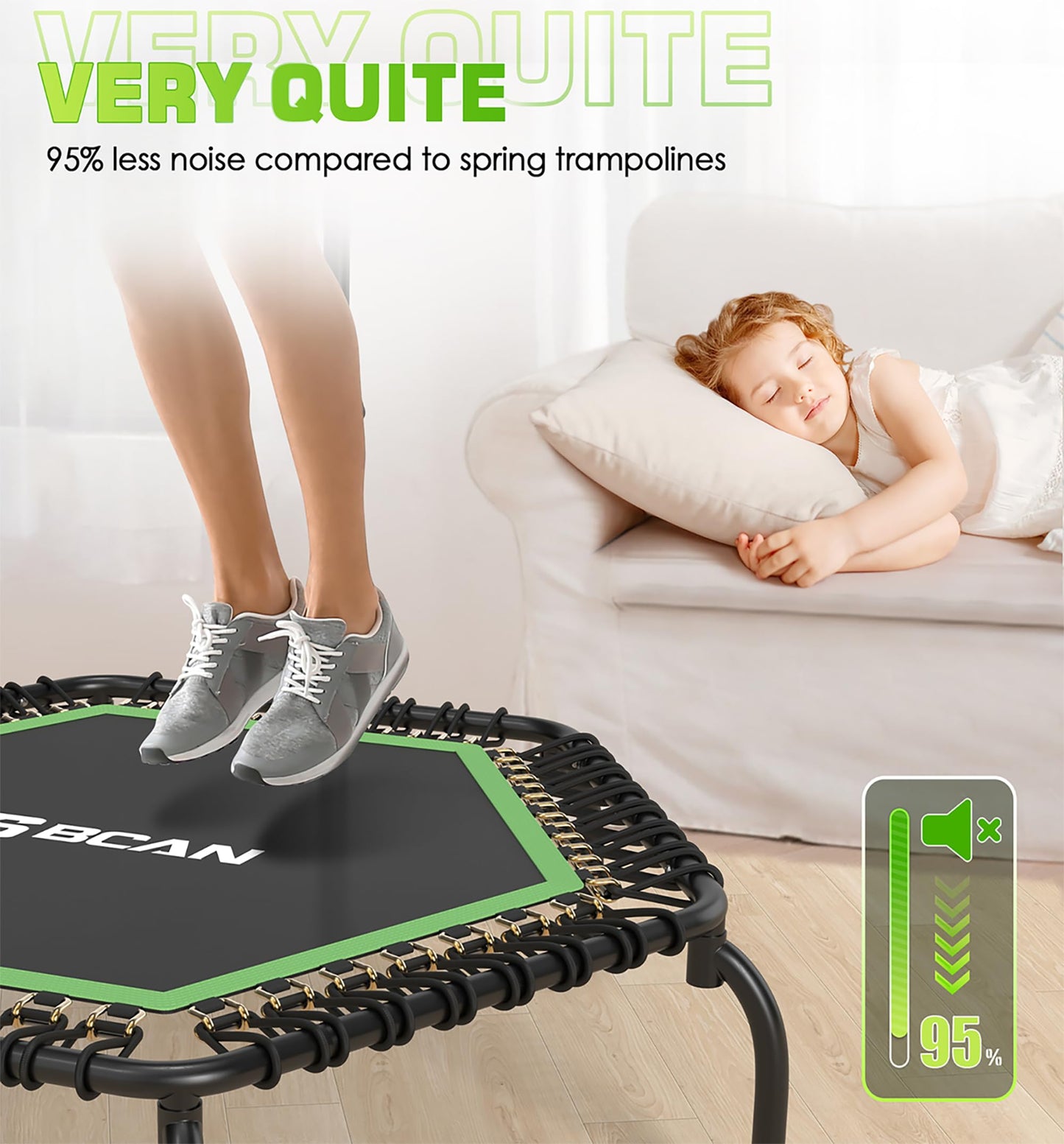 BCAN 48" Mini Trampoline, 550 LBS Fitness Trampoline with T-Adjustable Handle Bar, Bungees, Stable & Quiet Exercise Rebounder for Adults Indoor/Garden Workout-Green