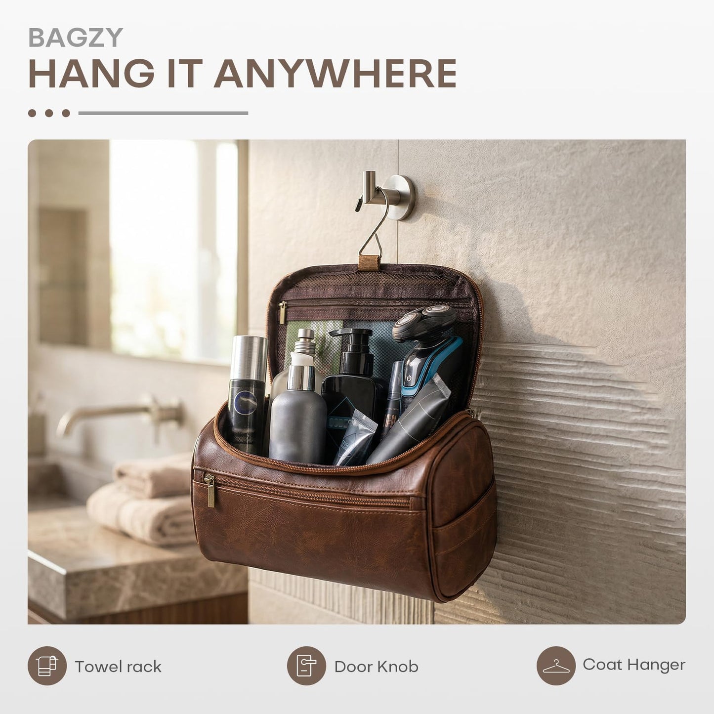 BAGZY Travel Toiletry Bag for Men, Hanging Hygiene Bag EDC Pouches Small Dopp Kit Water-resistant Mens Shaving Kit Bags PU Leather Toiletry Organizer for Travel Weekend Fitness Hospital Brown