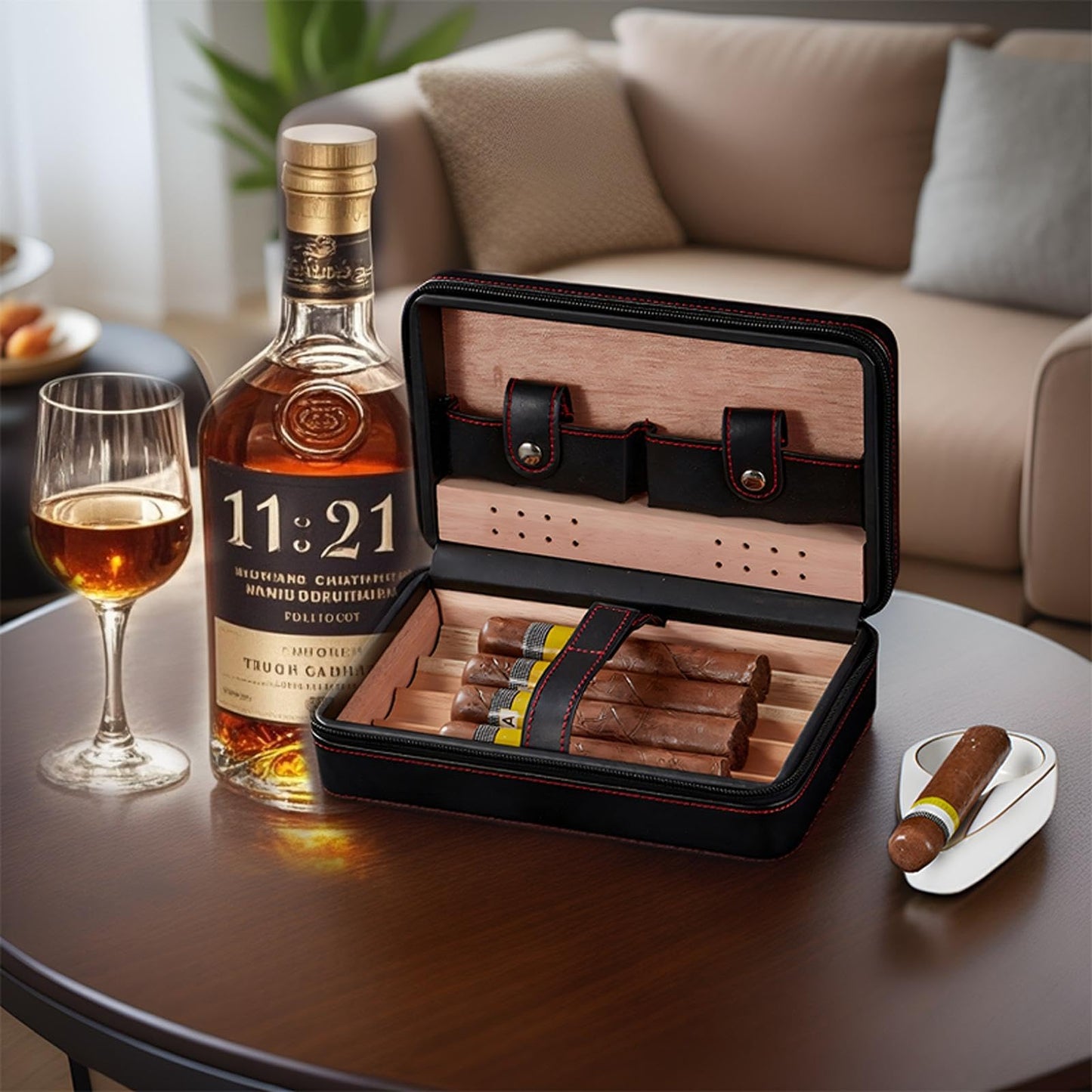 Cigar Case,Travel Humidor,4 Pack Black Cedar Wood Leather Case with Cigar Cutter,Humidifier,Ashtray and Towel for Men Home and Travel,Desktop Large Electric Cabinet,Holder Box Accessories as Gift