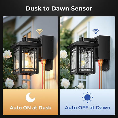 2-Pack Porch Light with GFCI Outlet, Black Dusk to Dawn Outdoor Lantern Wall Mount, Modern Outdoor Sconces Wall Lighting with Glass Shade, Waterproof Outdoor Light Fixtures for House, Garage