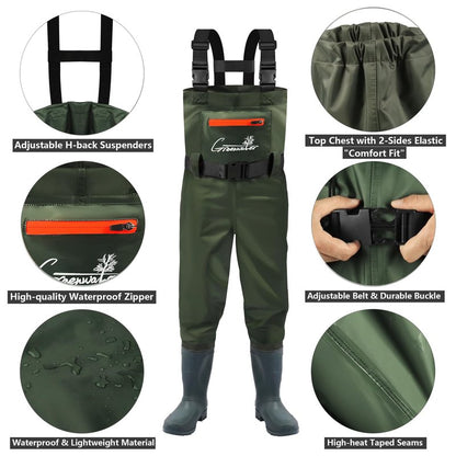 GREENWATER Kids Chest Waders Youth Fishing Waders with Boots Waterproof for Children Boys Girls Hanger & Bag Included (GREEN, 6-7Y)