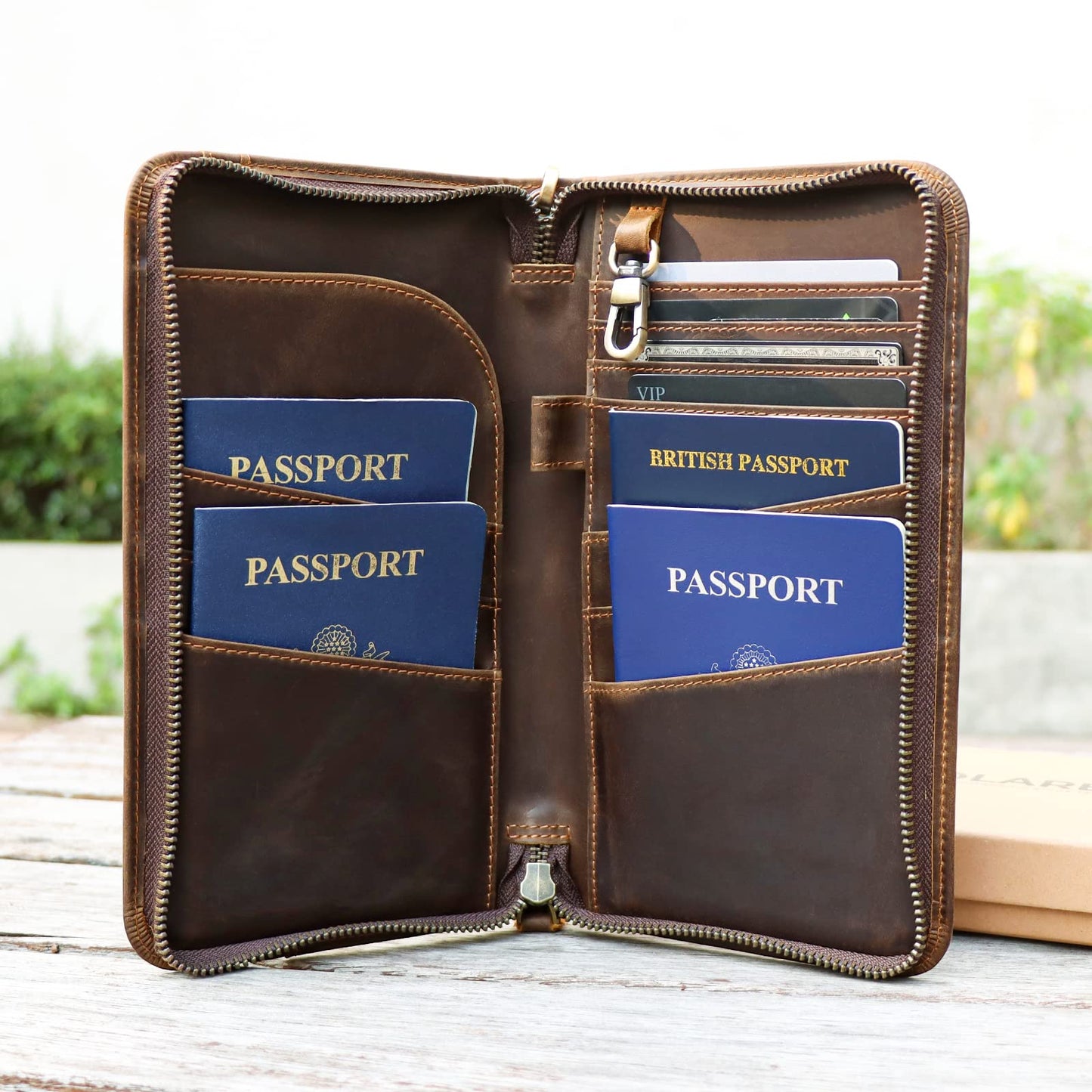 Polare Full Grain Leather Family Travel Passport Wallet and Documents Organizer RFID Blocking Case Holder Fits 6 Passports for Men and Women(Dark Brown)