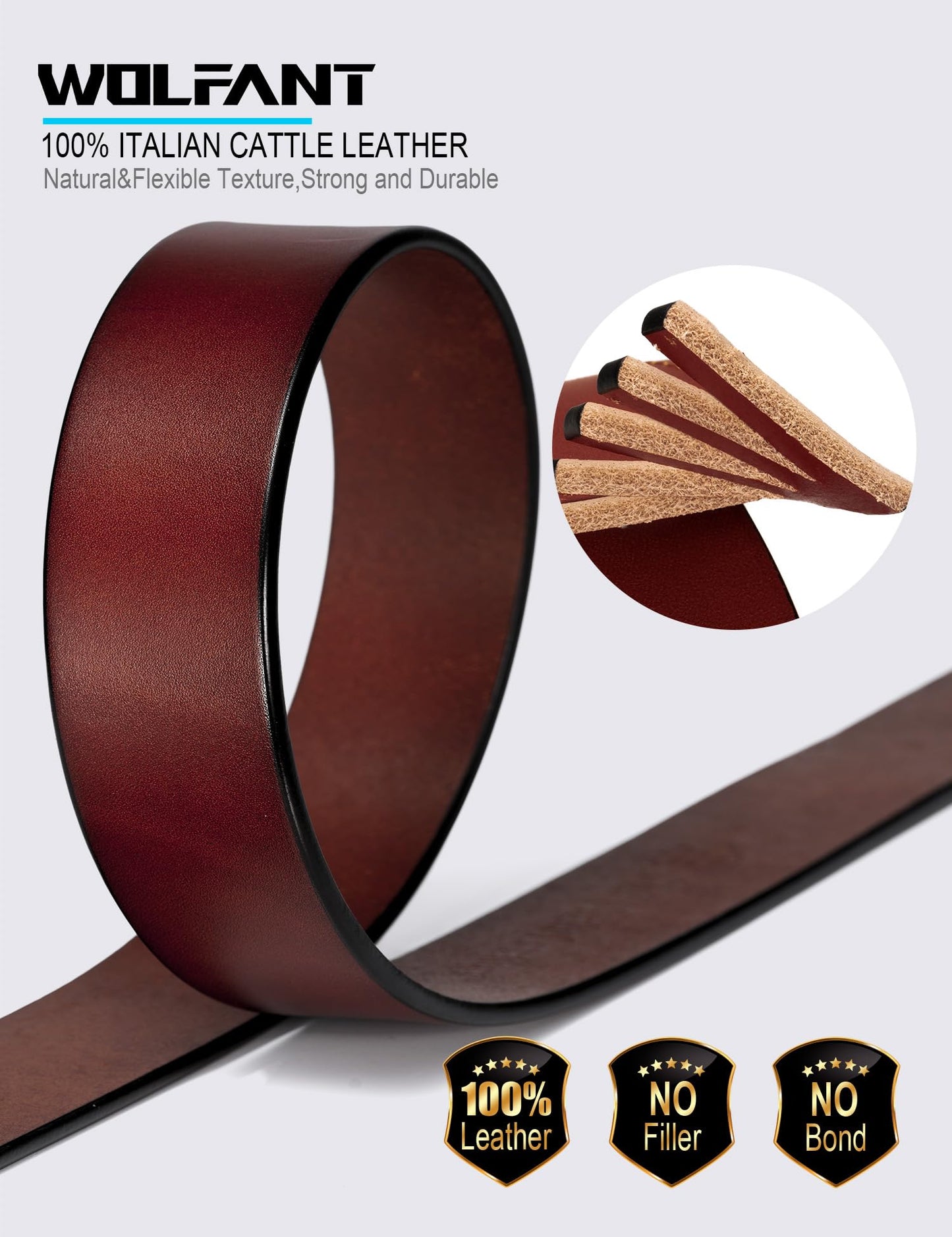 WOLFANT Thicken Full Grain Leather Heavy Duty Belts for Men,100% Italian Real Solid Leather