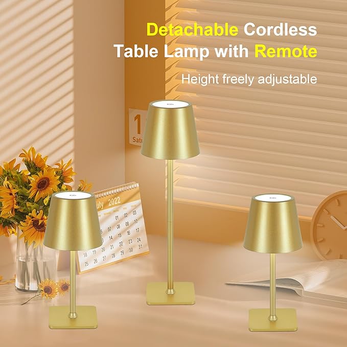 Rechargeable Cordless Table Lamp with Remote 2 Pack, 5200mAh Battery Operated Desk Lamp with Timer, 3-Color Stepless Dimming Wireless Desk Lamp, Portable Table Lamp for Bedroom Restaurant (Gold)
