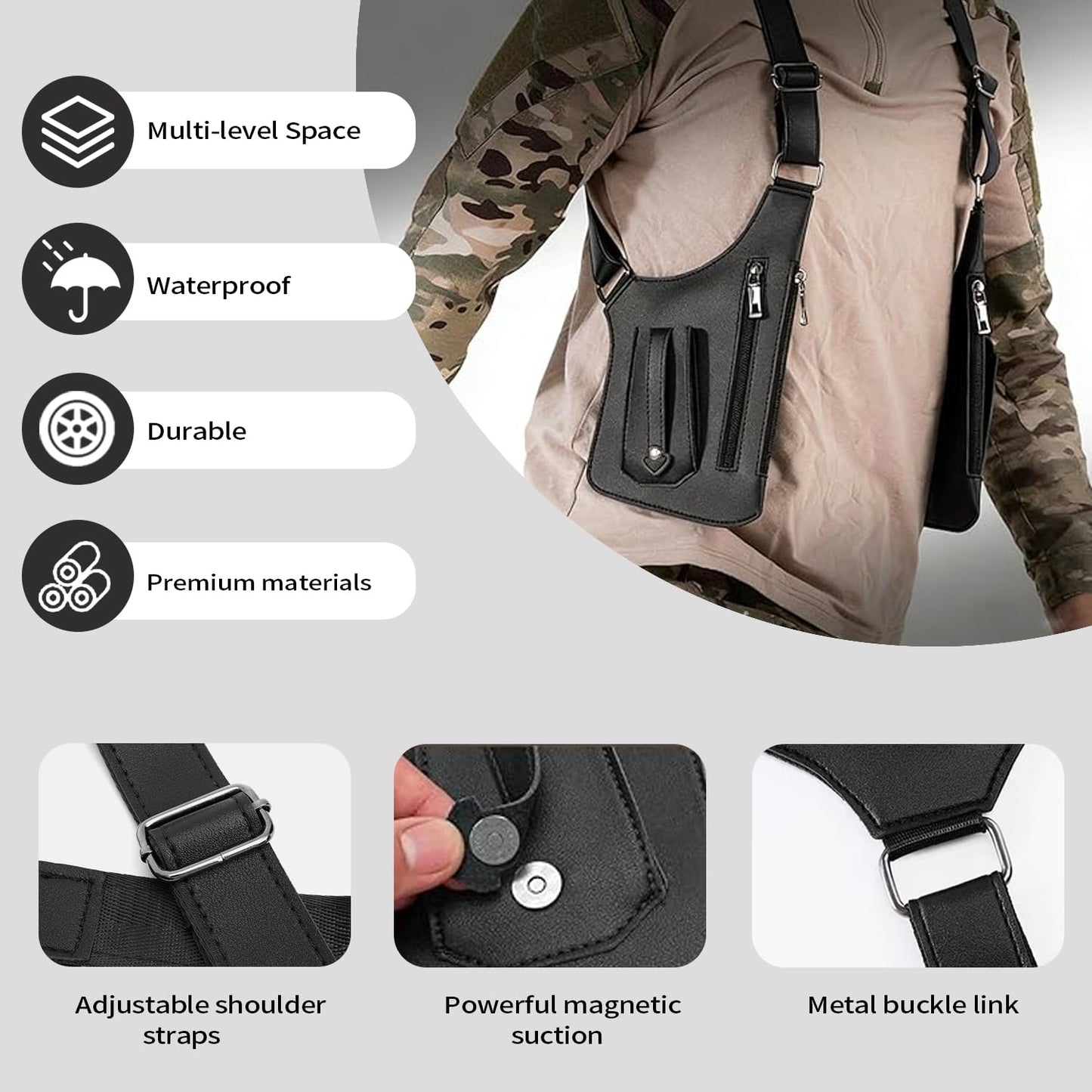 BELLPO Double Shoulder Armpit Bag for Men, Leather Shoulder Bag - Anti-Theft Underarm Wallet & Phone Pouch with Adjustable Strap, Hidden Chest Bag for Travel & Outdoor (Black)