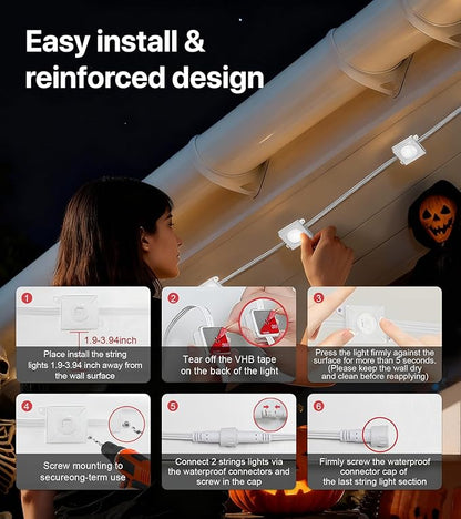 50FT RGB+IC LED Permanent Outdoor Lights, Eave Lights with Smart APP & Remote Control, 72 Scene Modes, Waterproof IP65 for Holiday Christmas Decorations(Extension Cord Not Included)