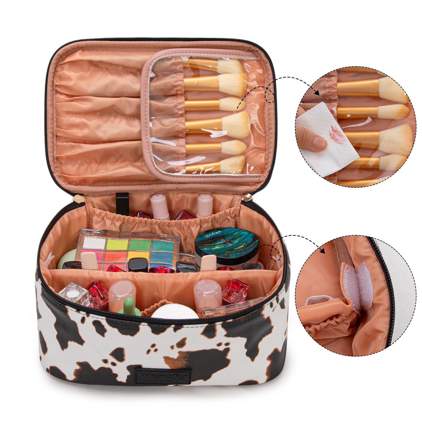 Montana West X Wrangler Travel Makeup Bag 2pcs Set Large Cosmetic Bag with Makeup Brush Holder Portable Make Up Organizer Cute Toiletry Bag with Divider and Handle for Women