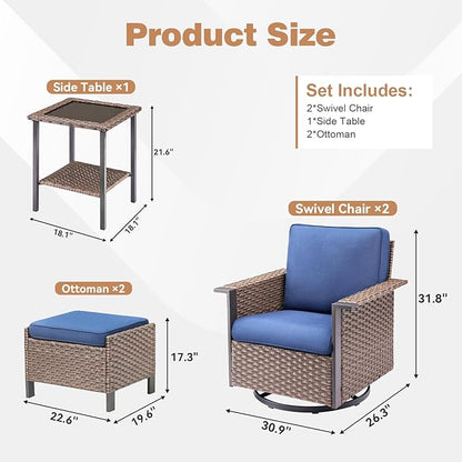 5 Pieces Outdoor Patio Furniture Set-High Back Wicker Patio Swivel Glider Chairs with 2 Multifunctional Ottoman and Glass Side Table, Outdoor Patio Conversation Sets for Porch Deck Brown/Blue