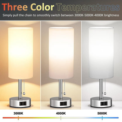 Fenmzee White Silver Bedside Table Lamps Set of 2-3 Color Temperatures Pull Chain Lamp with AC Outlet Charging Port, Two Round Night Stand Lamps for Bedroom, Small Bed Side Light with E26 LED Bulbs