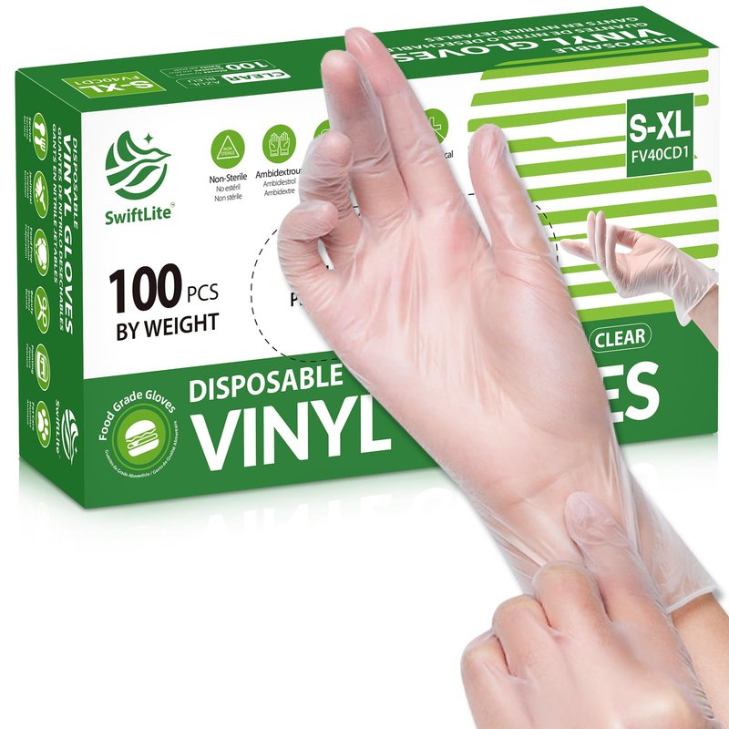 SWIFTLITE Disposable Vinyl Gloves, Food Safe, Latex-Free Powder-Free Clear Plastic Gloves for Cooking, House Clean, Food Prep (100, Medium)
