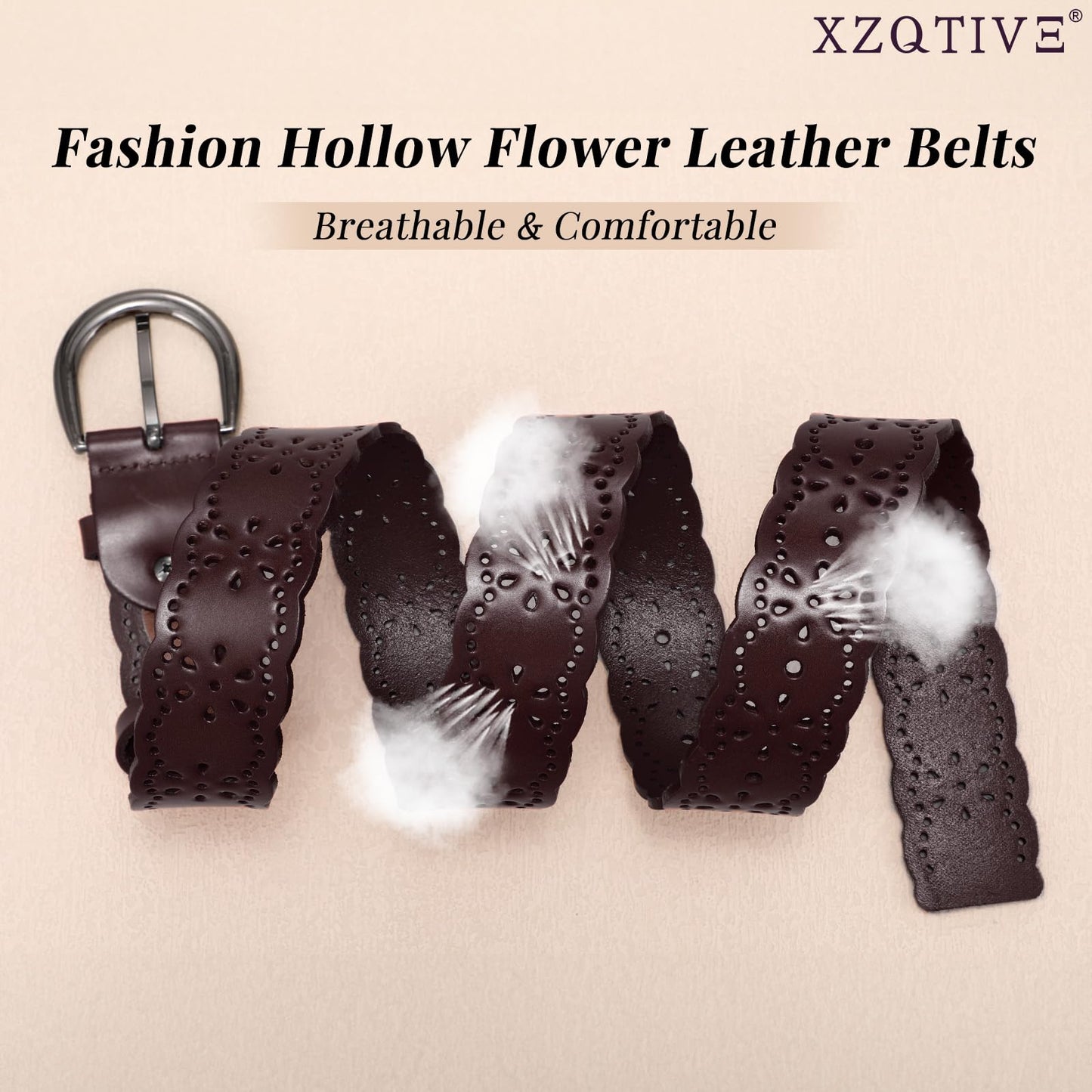 XZQTIVE Women Plus Size Leather Belt for Jeans Dresses Pants Hollow Flower Waist Belts with Solid Pin Buckle