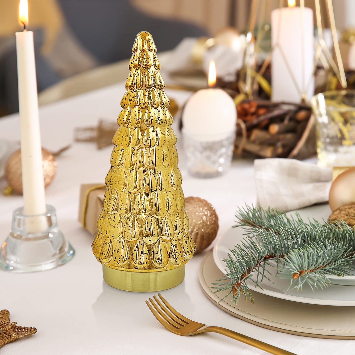 SHMILMH Gold Mercury Glass Christmas Tree Set of 2, Tabletop Christmas Tree with Light, Battery Operated Small Xmas Tree for Fireplace Centerpiece Decorations 10"
