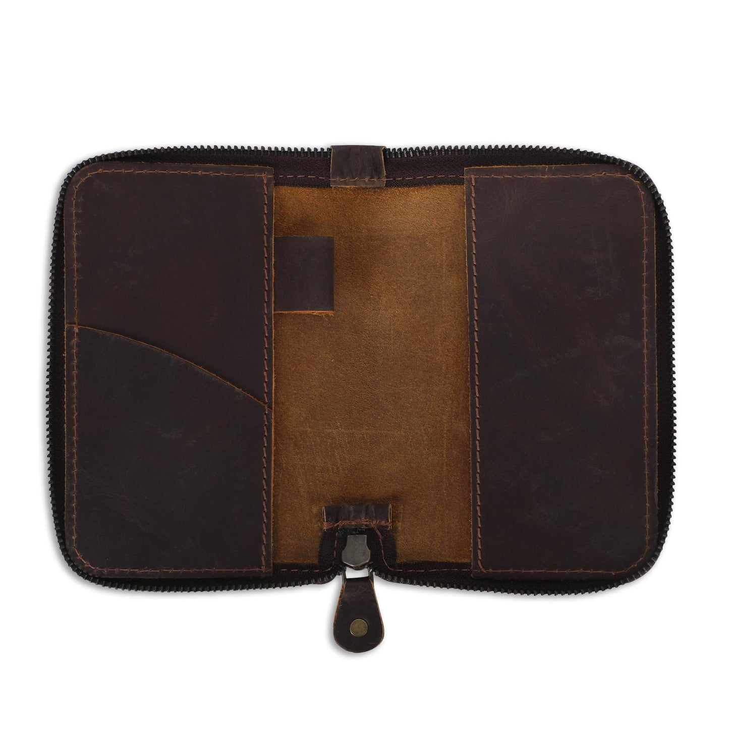 CestAntiQ Zippered Leather Journal Cover Compatible with Moleskine Cahier TWONE Original Kraft Elan Pitch Black Pocket Size 3.5 x 5.5 for Field Notes Notebook Memo Books with Pen Holder Handmade Brown