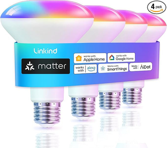 Linkind Matter Smart Light Bulb, BR30 Smart Bulbs, Recessed LED Color Changing Light Bulbs RGBTW, E26 Smart Flood Light Bulbs 650LM 60W Work with Alexa, Apple Home, Google Home, SmartThings, 4Pack