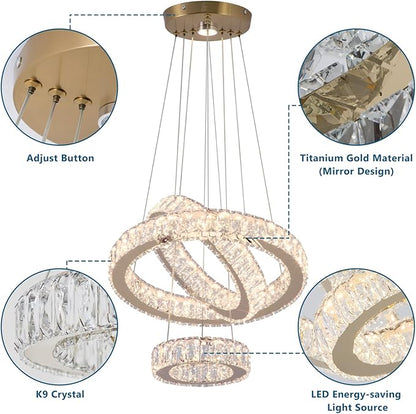 FRIXCHUR 3 Ring LED Chandelier Modern Crystal Chandeliers LED Pendant Lights Gold Ring Chandelier for Bedroom Dining Room High Ceiling Foyer (3000K Warm Light)