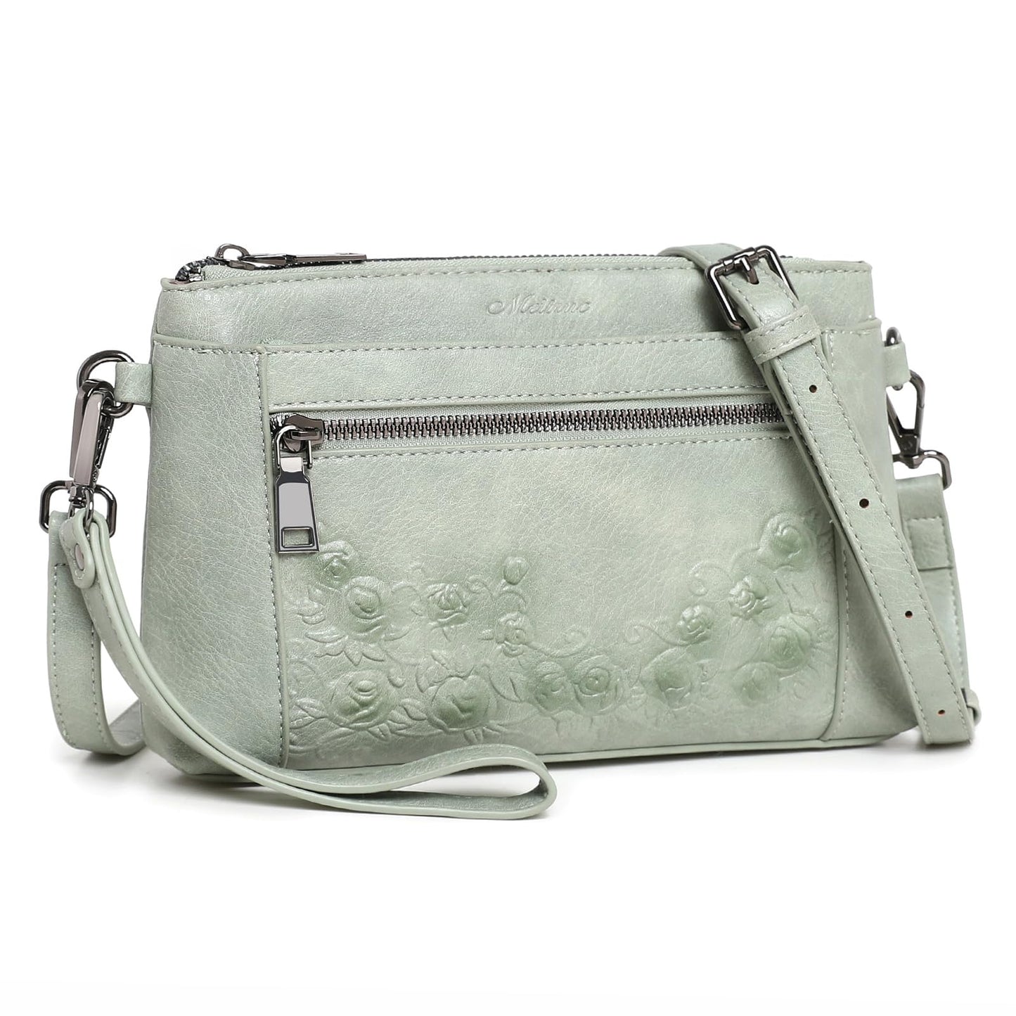 MEITRUE Wristlet Wallets Clutch Purses for Women - Rose Embossed Vegan Leather Small Crossbody Bag Mini Cell Phone Wallet Purse with Adjustable Strap & Card Pockets