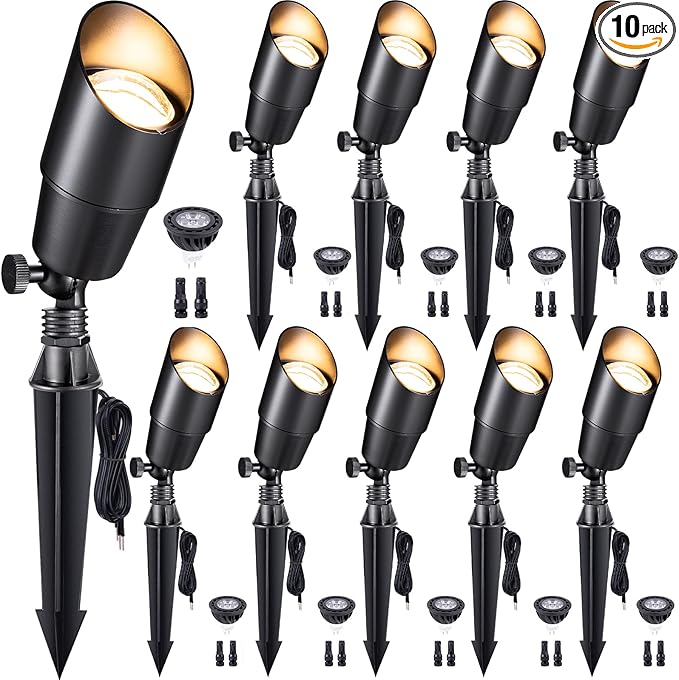 Gardenreet LED Low Voltage Spotlight - 12V AC/DC Black Outdoor Light Fixture, Brass Landscape Lights Hardwired, Weather Proof for Wall Wash Flag with Cool Light MR16 Removable Bulbs (10 Pack)