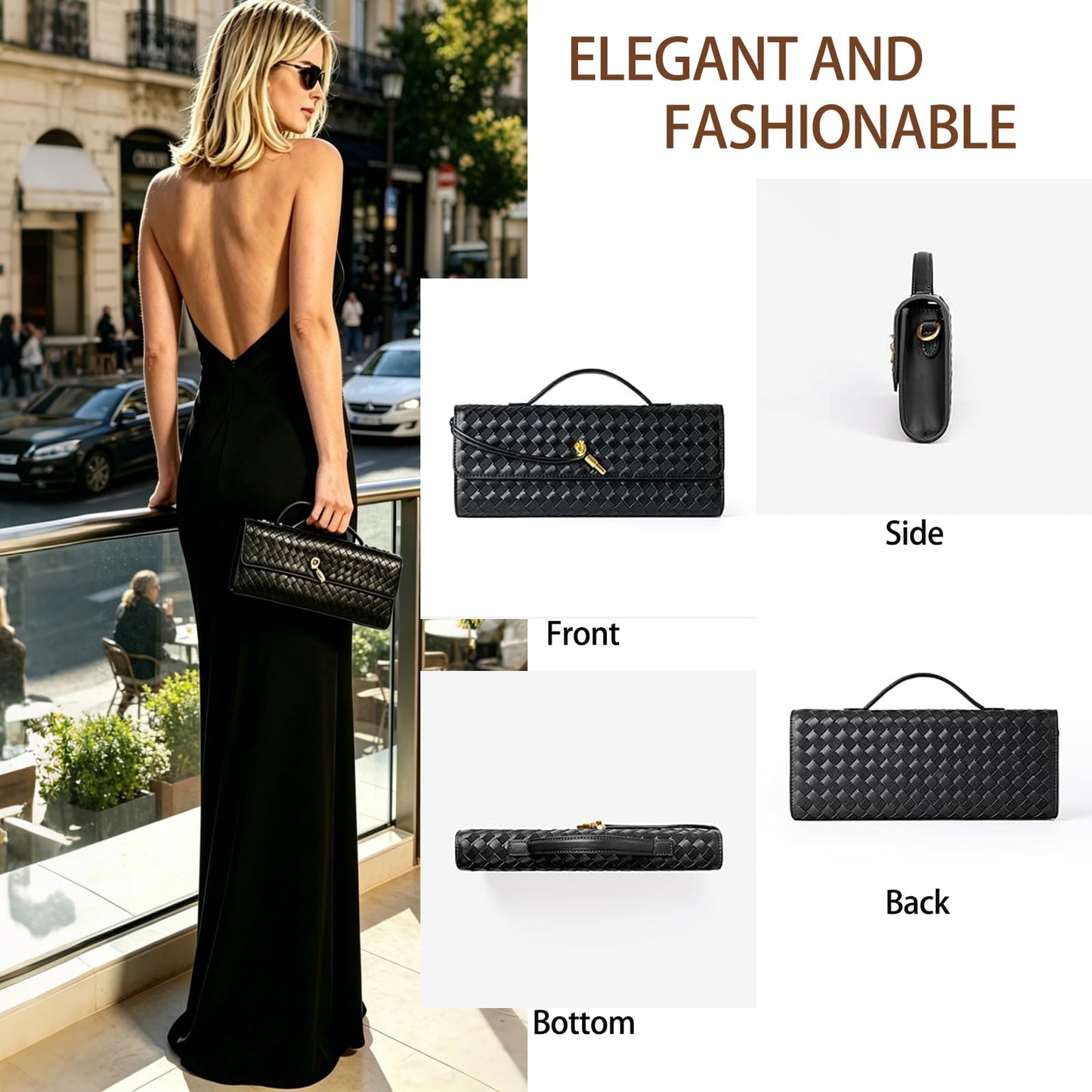 HRANRA Woven Clutch Purse for Women, Evening Handbags Crossbody Bag Purse Formal Evening Bag Clutch Bag Black Purse
