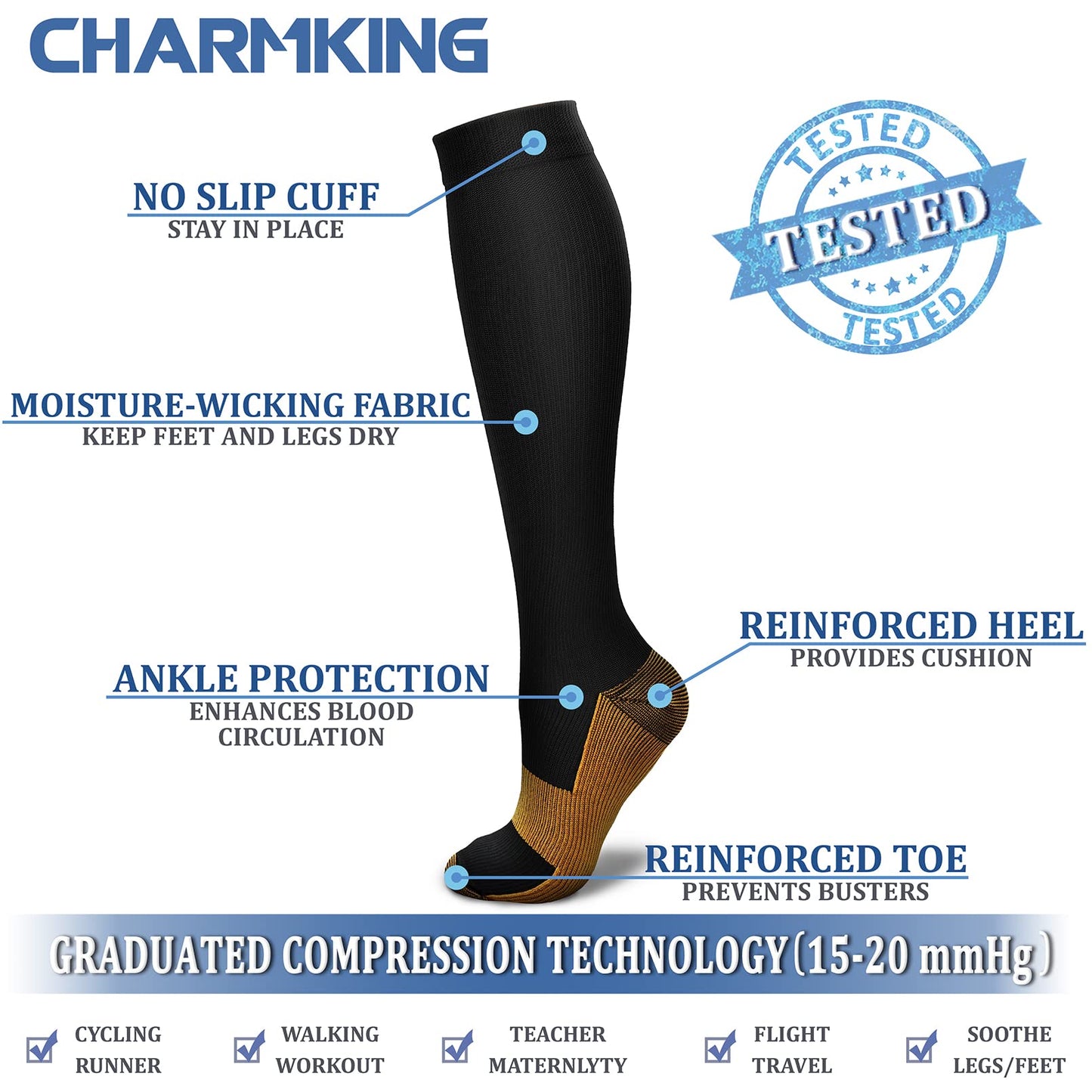 CHARMKING Compression Socks for Women & Men (8 Pairs) 15-20 mmHg Graduated Copper Support Calf Socks are Best for Pregnant, Nurses - Boost Performance, Circulation, Knee High Wide Calf(L/XL, Multi 48)