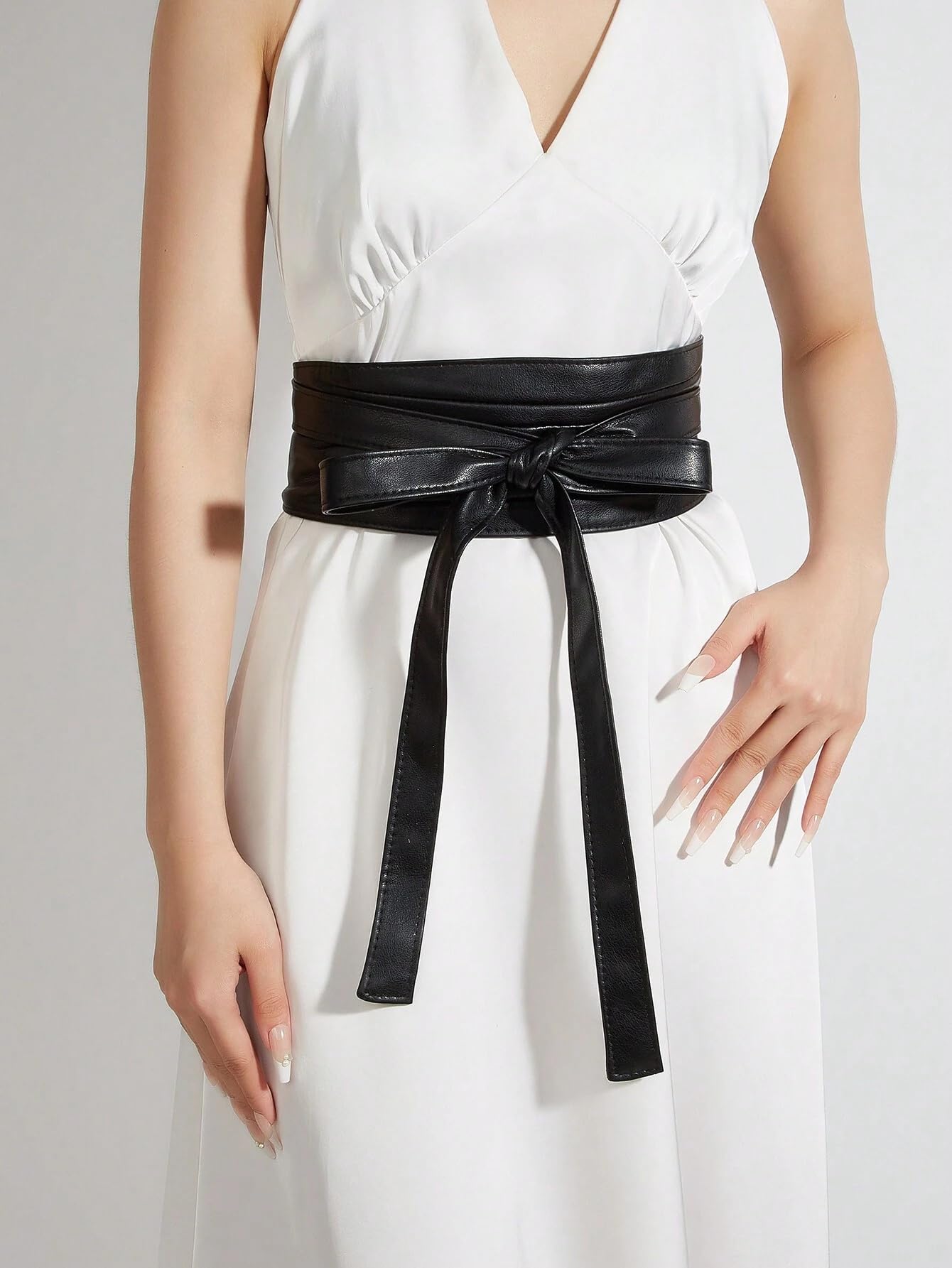 Fuimsul Women Elegant Pu Leather Obi Belt Fashion Solid Color Faux Leather Wide Waistband Tie Knotted Belt for Dress (Black)