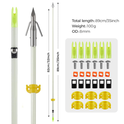KEAUP 6 Pack 32 inch Bowfishing Arrows with Broadheads and Safty Slides Bow Fishing Arrow Luminous for Compound Bow Recurve Bow Fishing Hunting
