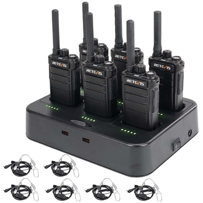 Retevis RB26 Two Way Radio Long Range with Earpiece, Rechargeable Walkie Talkies with 6 Way Charger, 21-Hours, USB-C, Flashlight, GMRS Repeater Capable, 2 Way Radio for Hotel Security Jobsite(6 Pack)