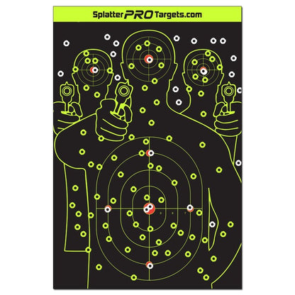 12x18 Splatter Targets. Fully Reactive Targets. See Your Hits and Your Misses! Shots Burst with a Bright Splatter Upon Impact. Instantly See Your Shots. Printed on a Heavy Duty Card Stock.