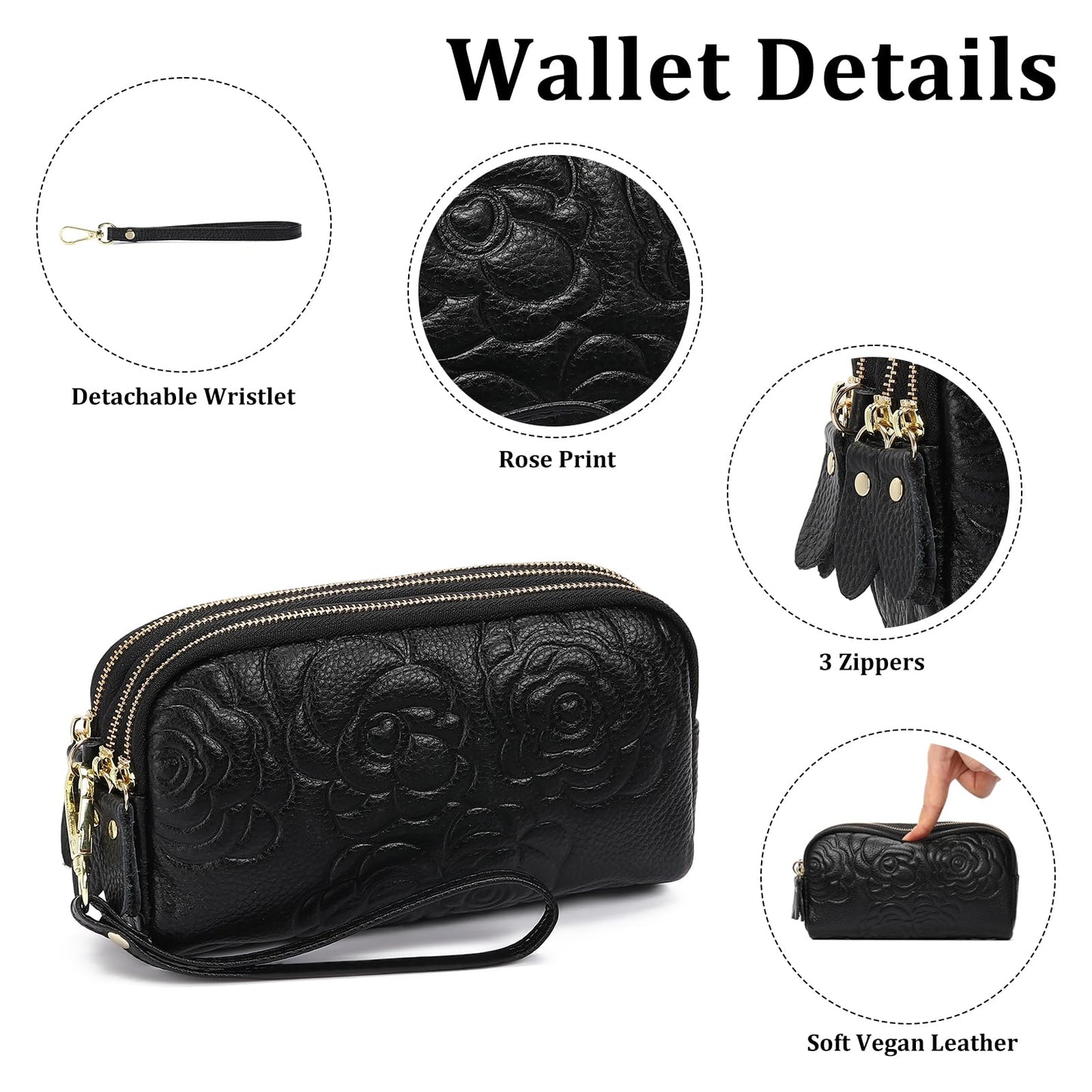 GOIACII Wristlet Wallets for Women Leather Womens Wallet Large Capacity Clutch Purse Handbags 3 Zippers with Strap Black