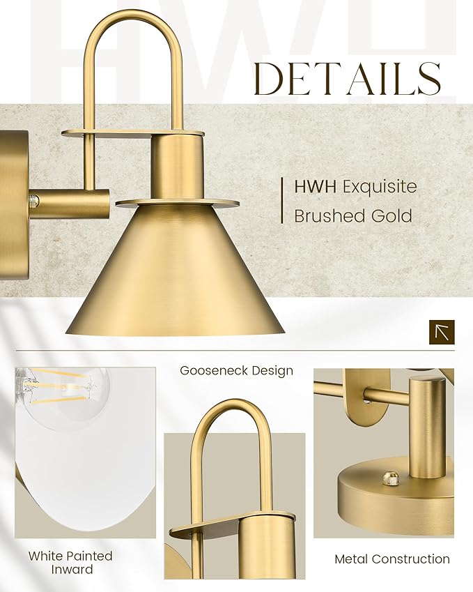 Wall Sconces for Bathroom Set of 2, HWH Wall Mount Lighting with Metal Shade, Gooseneck Gold Wall Lights for Living Room Mirror Kitchen, Gold Finish, 5HZG56BL-2 BG