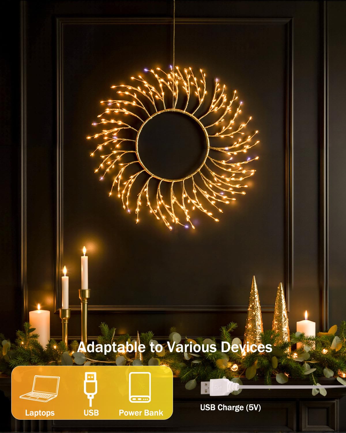 ooLALoo Pre-Lit Christmas Door Wreath Decorations, 22" Christmas Wreath with 260 LEDs Fairy Lights, USB Operated Window Lights Hanging for Front Door Wall Party Xmas Indoor Decor, Gold Twig