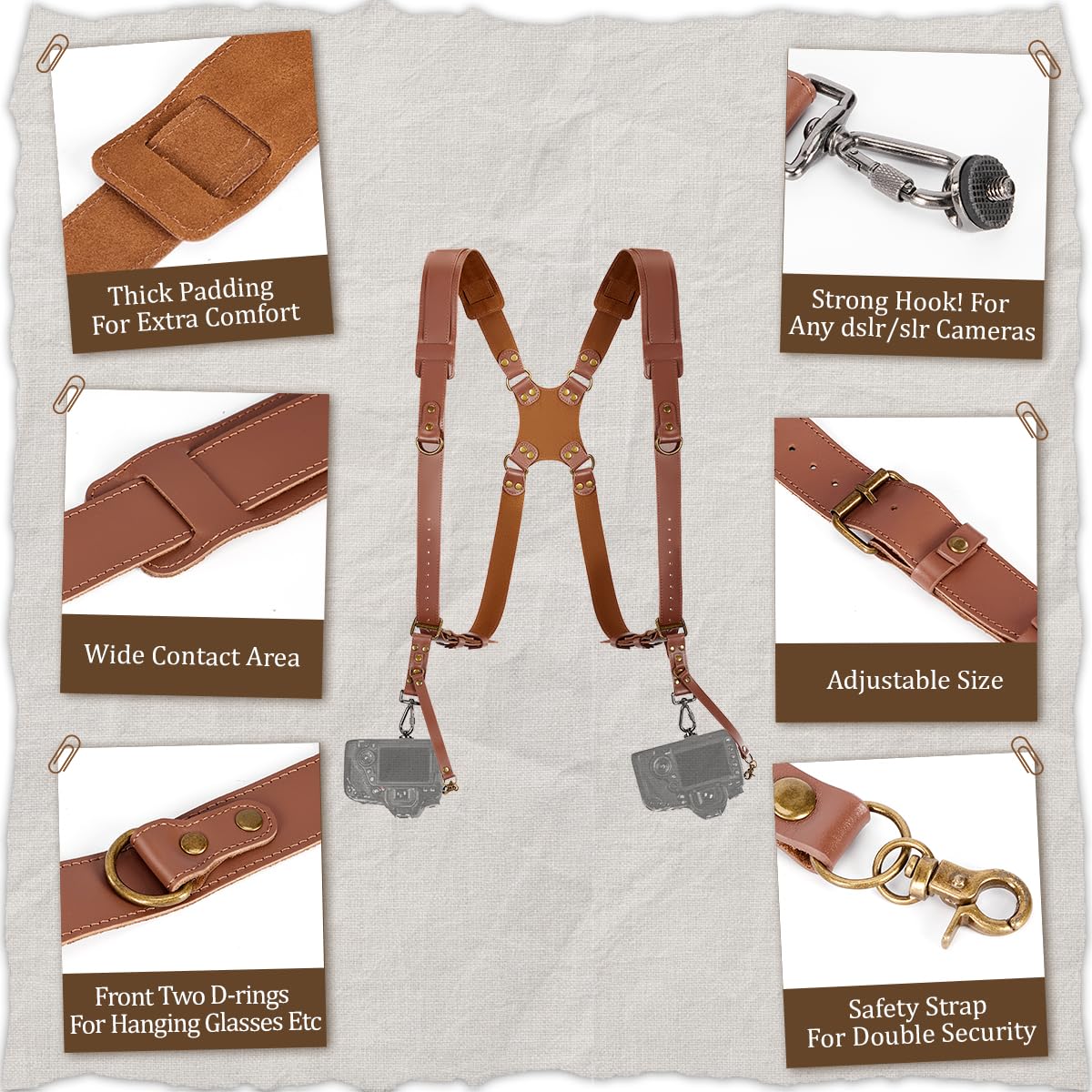 Jumyee Double Camera Harness Strap for 2 Cameras, Adjustable Shoulder Leather Camera Strap for Photographers, Professional Camera Harness for DSLR/SLR for Wedding, Wild, News(Brown Stitched)