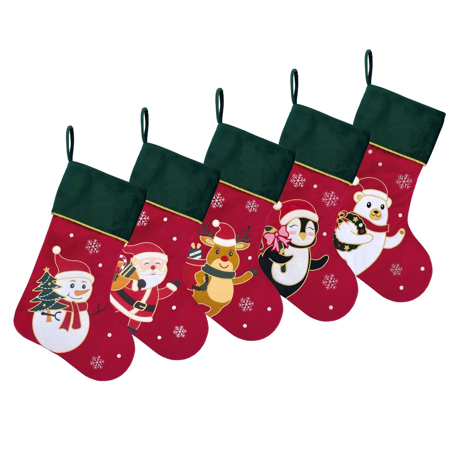 Ugiftcorner Red Velvet Christmas Stockings with Green Cuff 5 Pack Large Luxury Christmas Stockings for Family Holiday Decorations