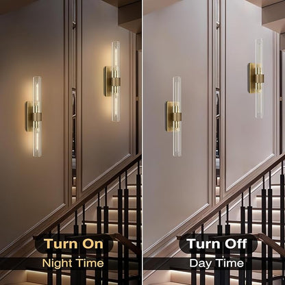 Wall Sconces Set of Two, Gold Bathroom Sconces Wall Lighting with Clear Glass, Modern Sconces Wall Decor Light Fixtures for Bathroom Mirror Living Room Hallway Bedroom