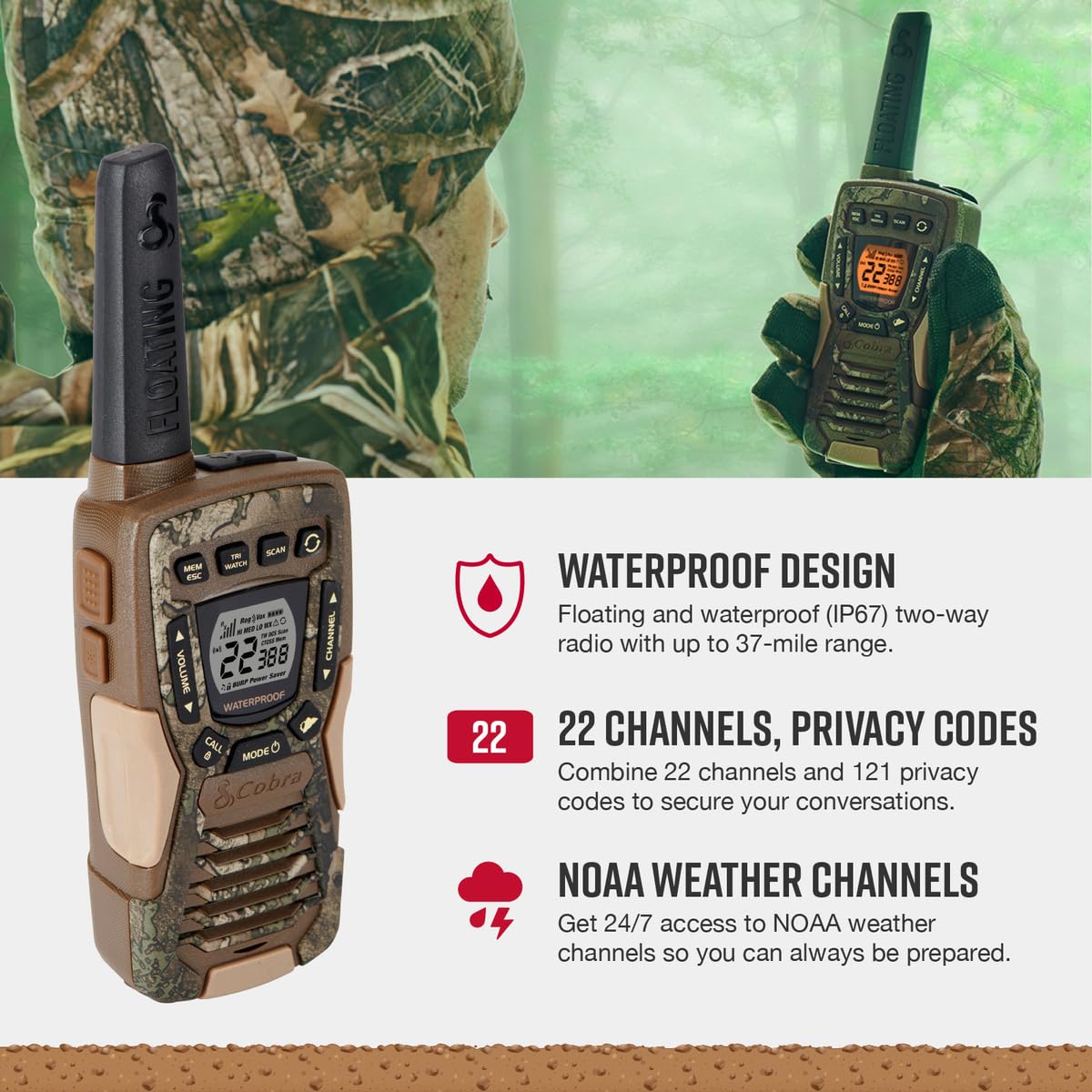Cobra ACXT1035R FLT Waterproof Walkie Talkies - Rechargeable, Floats, 22 Channels, Long Range 37-Mile Two-Way Radio Set (2-Pack)