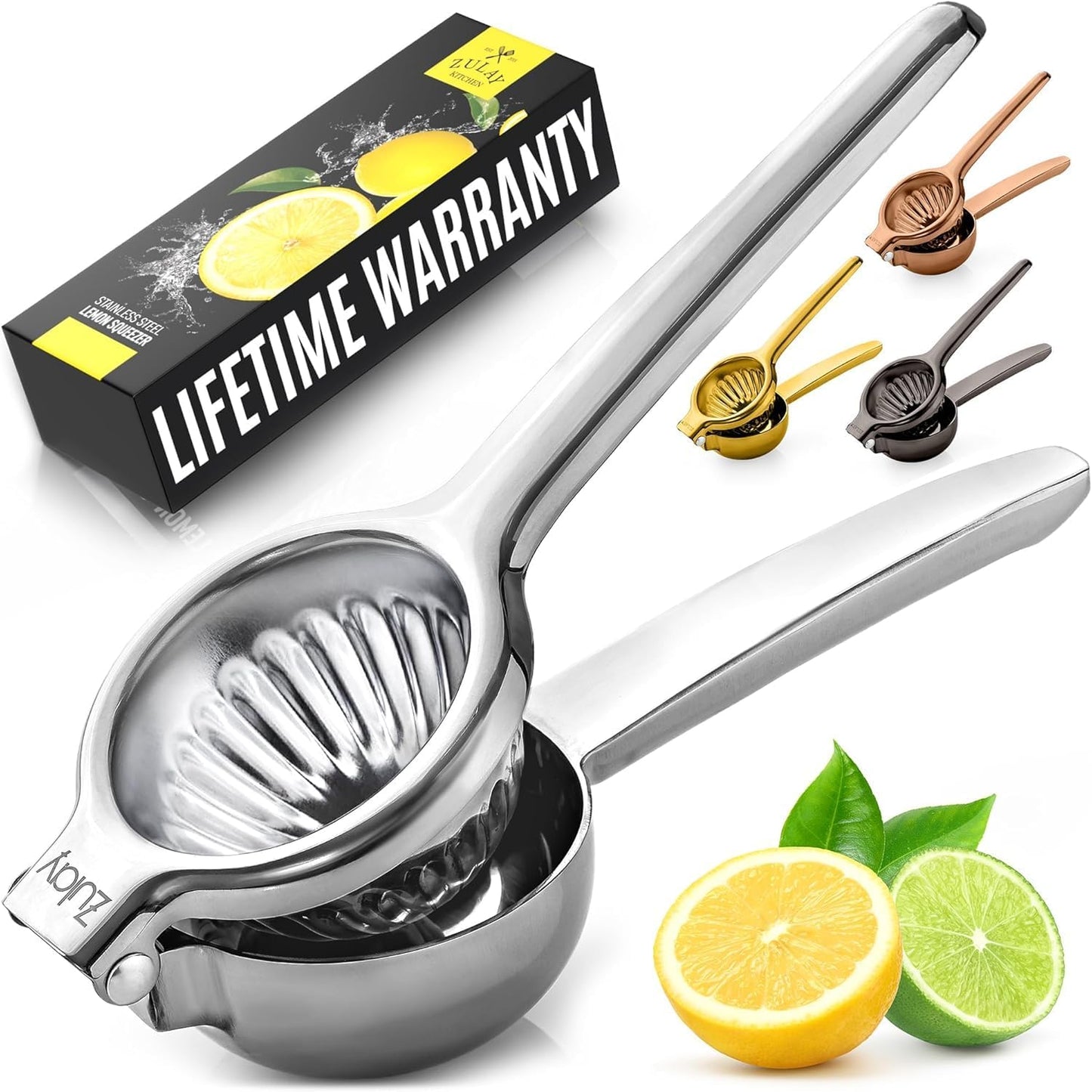 Zulay Lemon Squeezer Stainless Steel with Premium Heavy Duty Solid Metal Squeezer Bowl (Black Grip, Large)