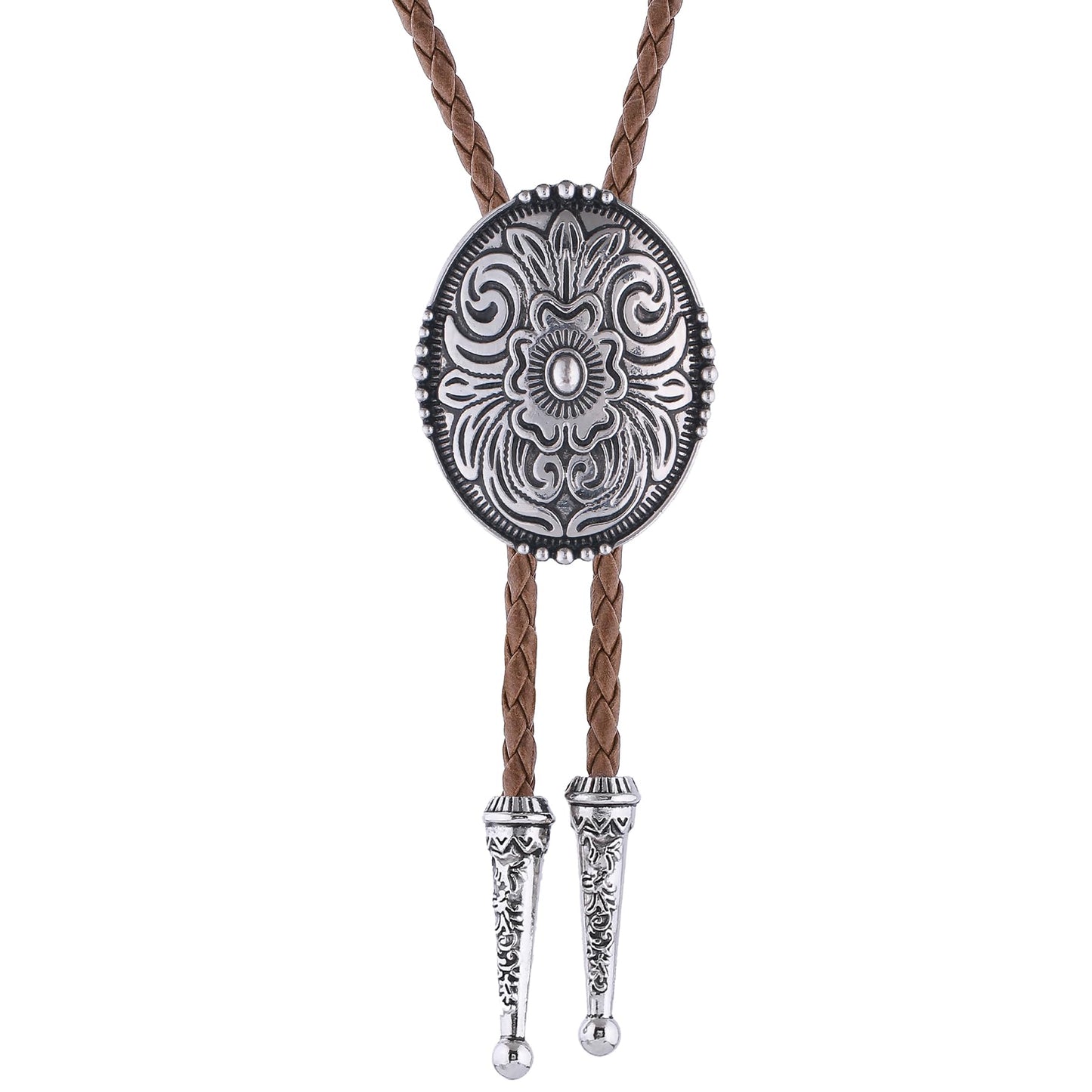 Jeilwiy Bolo Tie for Men Vintage Silver Floral Cowboy Mens Bolo Ties Western Brown Leather Cowboy Tie Adjustable